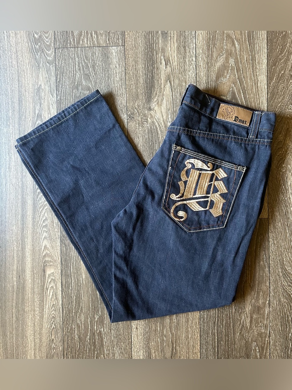 2000s Y2K DMAX dark wash baggy jeans old English embellished pockets Sz 36x32